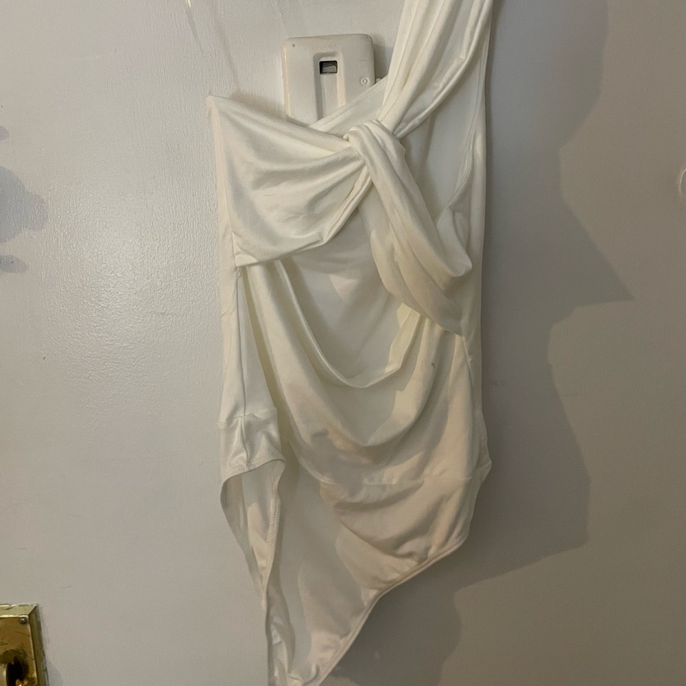 Blue Blush white, reversible, one shoulder body suit with cut out